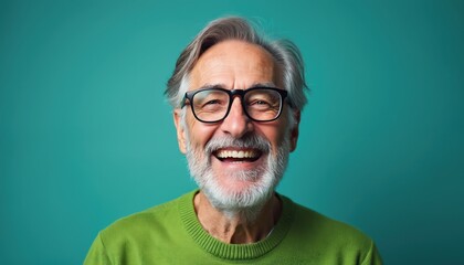 Smiling old man in green pullover, glasses against blue color background. Happy retired person, cheerful mature face, positive senior male with grey hair. Joyful expression, laughter on face.