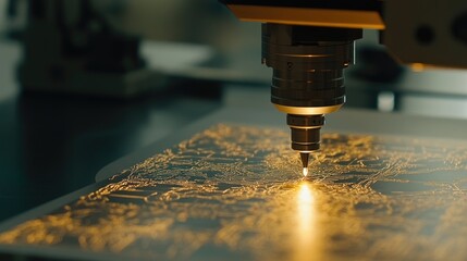 A close-up of a laser cutting machine etching intricate designs onto paper sheets.