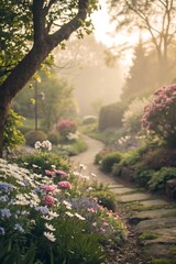 Serene Garden Pathway at Sunrise