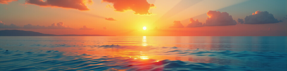 Obraz premium The sun sets over a tranquil ocean, casting vibrant hues across the sky and reflecting on the gentle waves.
