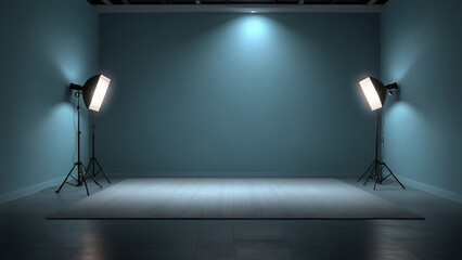 Modern minimalistic empty room with dark blue walls wooden floor and linear ceiling light fixtures casting focused light