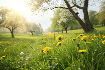 Sunny spring meadow bathed in gold, blurred dandelion field, vibrant nature photography.