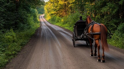 Horse-drawn carriage traveling down a winding dirt road surrounded by lush green trees