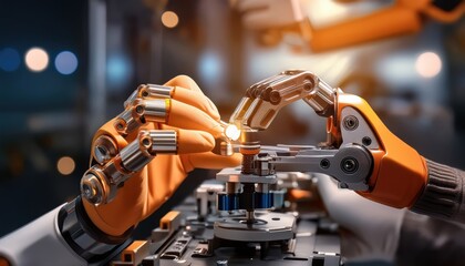 Fototapeta premium Robotic hands skillfully engage in precise assembly tasks in a modern industrial setting.