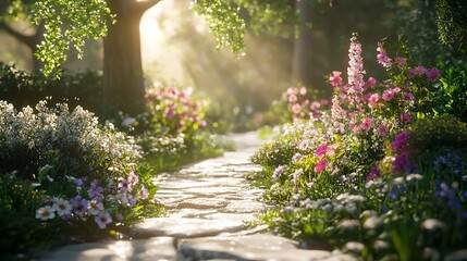 A serene garden with a variety of colorful flowers