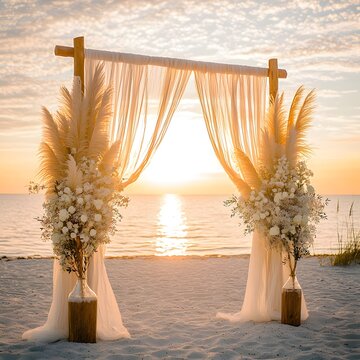 A beautifully decorated beach wedding arch during a stunning sunset