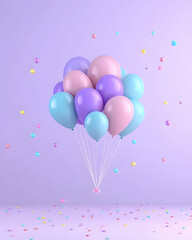 Pastel balloons floating against a lavender background, scattered confetti