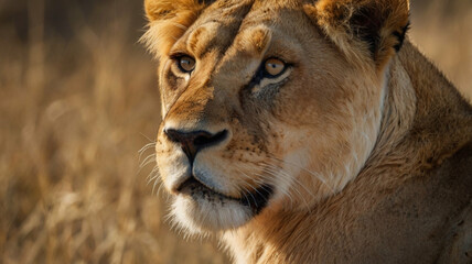Obraz premium Lioness Portrait in Golden Sunlight, Close-Up of Wild Cat in Natural Habitat