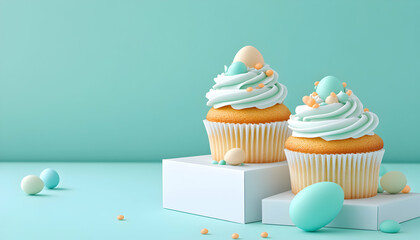 Pastel cupcakes with candy eggs on mint background
