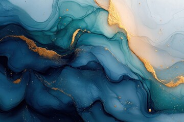 Abstract fluid art with golden accents and vibrant tones, movement in watercolor textures and shimmering metallic details