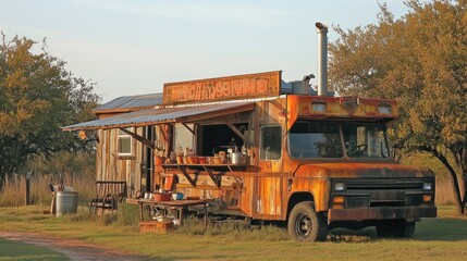 Rustic Charm: A Vintage Food Truck and Cabin in a Serene Countryside Setting