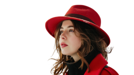 Fashion model wearing red hat and coat looking up on transparent background