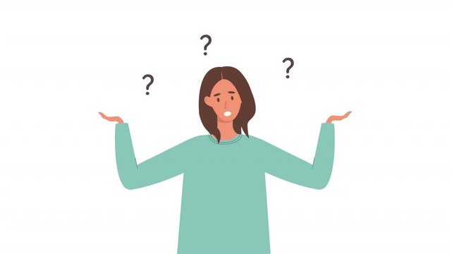 Animation of a puzzled or doubting woman with question marks over her head. Problem solving and choice. The concept of frequently asked questions.