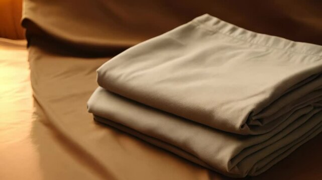 Folded chinos with clean creases and a smooth fabric texture, placed on a deep brown surface. Basic wardrobe, classic clothing.