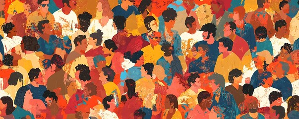 Colorful diverse people crowd in an abstract art seamless pattern, illustrating a multi-ethnic community in a modern collage