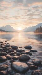 Beautiful sunrise illuminates a lake with mountains and rocky foreground