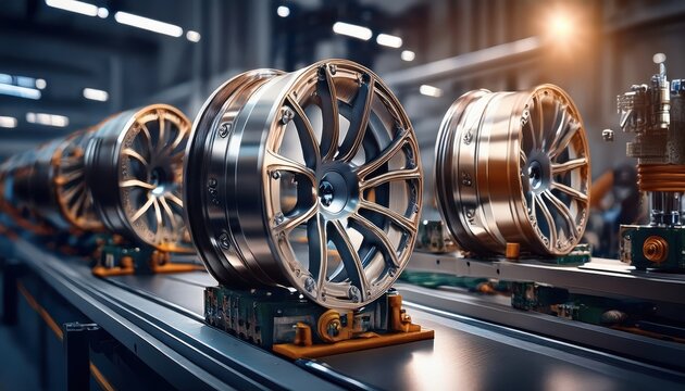Sleek wheels on a modern assembly line showcase cutting edge technology and innovation.