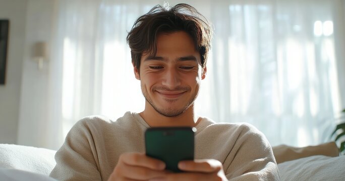 Asian man smiling on sofa looking at phone in modern living room enjoying online dating app