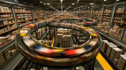 A conveyor belt system transporting freshly printed newspapers through a distribution center.