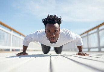 A man is doing a push up on a wooden bridge. The bridge is long and narrow, and the man is in the middle of it. He is focused on his workout and he is in a determined mood