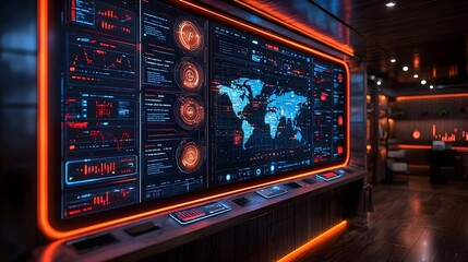 Digital screen displaying global data analytics dashboard