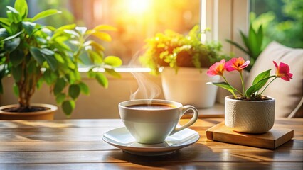 Warm Morning Sunlight Illuminates a Steaming Cup of Coffee on a Wooden Table Amongst Blooming Flowers and Lush Greenery