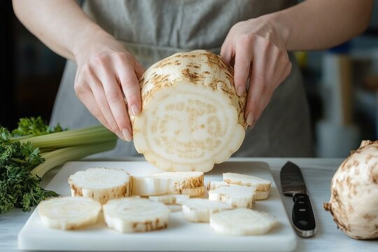 Sliced Celeriac with Fresh Vegetables and Kitchen Knife in Chef Hands