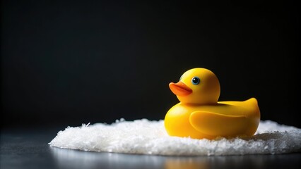 A cheerful yellow rubber duck sits serenely amidst a pile of fluffy white foam, a minimalist scene against a dark background.