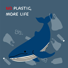 Whale trapped in ocean plastic – Marine pollution, save the ocean, no plastic, environmental awareness, wildlife protection, eco illustration. Earth Day concept