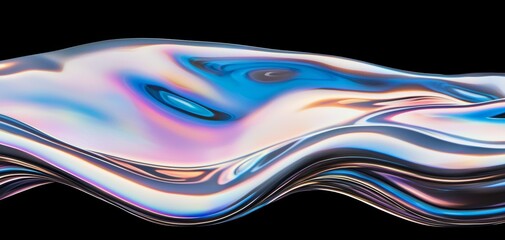 A vibrant, abstract wave design featuring iridescent colors and smooth, flowing shapes against a black background.