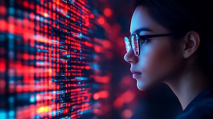 Woman programmer looking at a code screen.