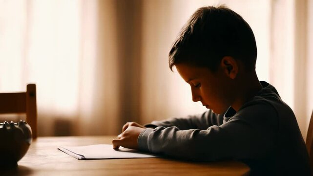 Thoughtful boy sitting quietly at table, concentrating on empty notebook in soft warm light

