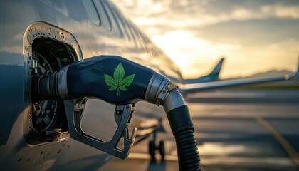 Sustainable aviation fueling innovation airplane energy solutions airport close-up early morning eco-friendly concept