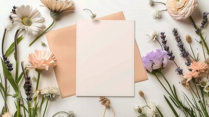 Elegant Blank Greeting Card Mockup with Pastel Flowers and Lavender, Isolated Beige Background for Design Presentation Template, Web Banner with Copy Space