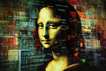 Classic artwork hologram with digital text and shapes concept for modern design