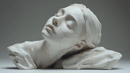 Serene marble bust of a woman with gold cracks.