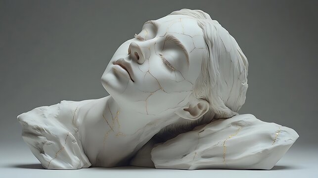 Serene marble bust of a woman with gold cracks.