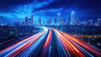 Fototapeta premium Night City Expressway, vibrant lights, urban skyline