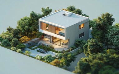 Modern Minimalist House Isometric Perspective 3D Rendering with Clean Lines and Pastel Tones
