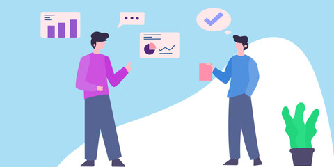 business people discussion about bussines and grop up with social network, analyst data, and graph chart vector illustration design