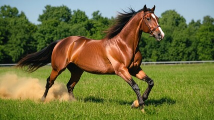 Obraz premium Majestic horse gallops through lush green field, mane flowing in