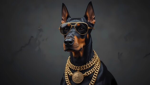 Golden Prestige: A Fearless Doberman in Stylish Sunglasses and Chains, Symbolizing Wealth and Strength.