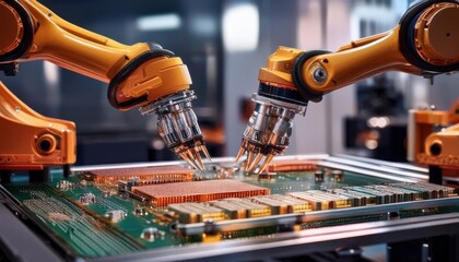 Robotic arms perform complex tasks, creating innovative circuitry in a modern lab.