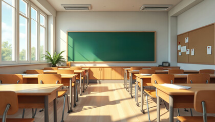 Empty school classroom interior with wooden desks, chairs. Blackboard, bulletin board, windows. Learning, education, knowledge, lesson, training. Sunlight through windows. Nobody in room. Back to