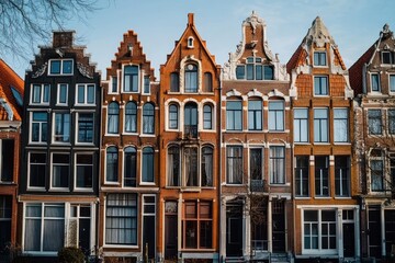 Fototapeta premium Historic Dutch Townhouses in Amsterdam with Red-Tiled Roofs and Intricate Facades