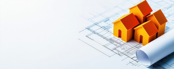 Strategic planning resources evaluation concept. Conceptual model houses on architectural blueprint background.