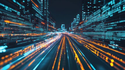 Night city highway, digital code, fast motion, urban scene