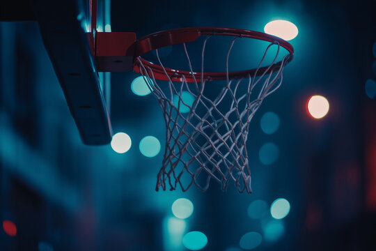 A basketball shot from a low angle going through the net, with a blurred background