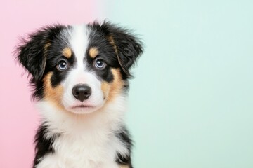 Fototapeta premium Playful australian shepherd puppy portrait studio setting pet photography colorful background close-up view cute concept