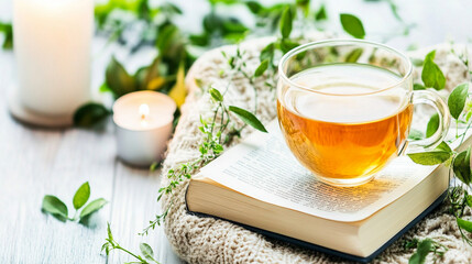 A cozy scene featuring a glass cup of tea on an open book